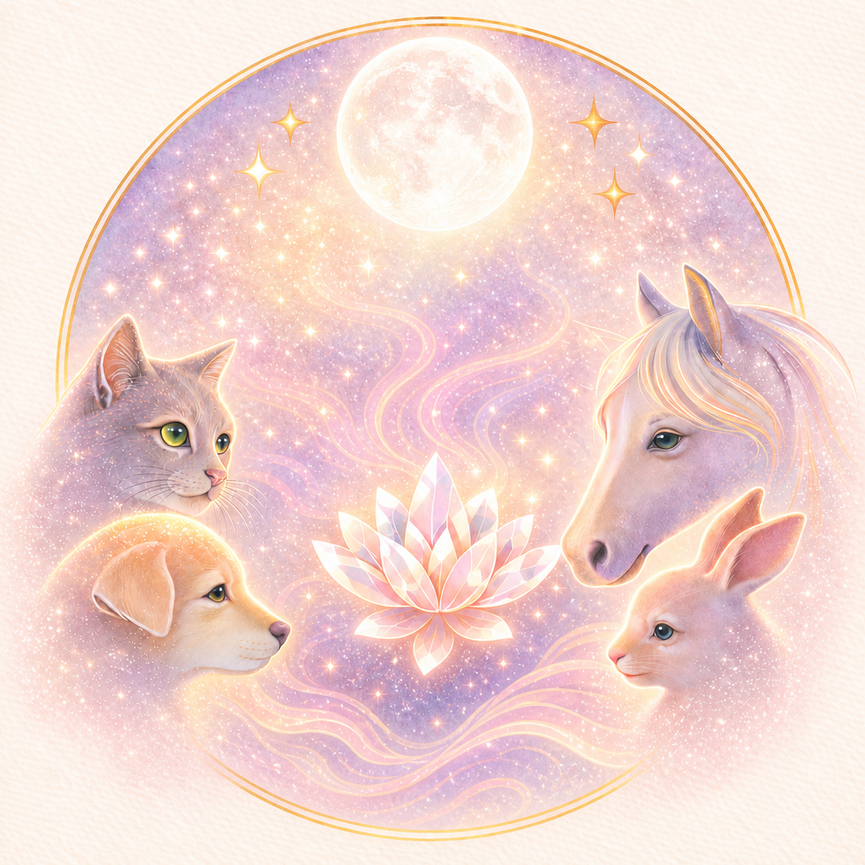 Chat, chien, cheval et lapin réunis autour d’un cristal lumineux, sous une lune dorée